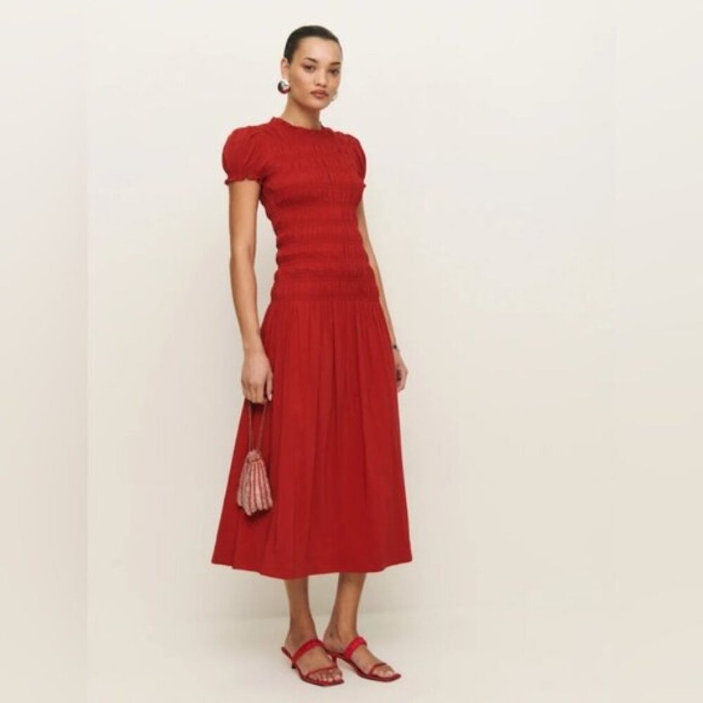 NEW Reformation Kiria Midi Drop Waist Short Sleeve Dress Lipstick Red | size 0 - Picture 2 of 14